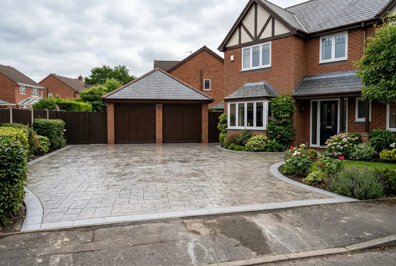 Ashlar slate pattern imprinted concrete driveway in muted grey buff